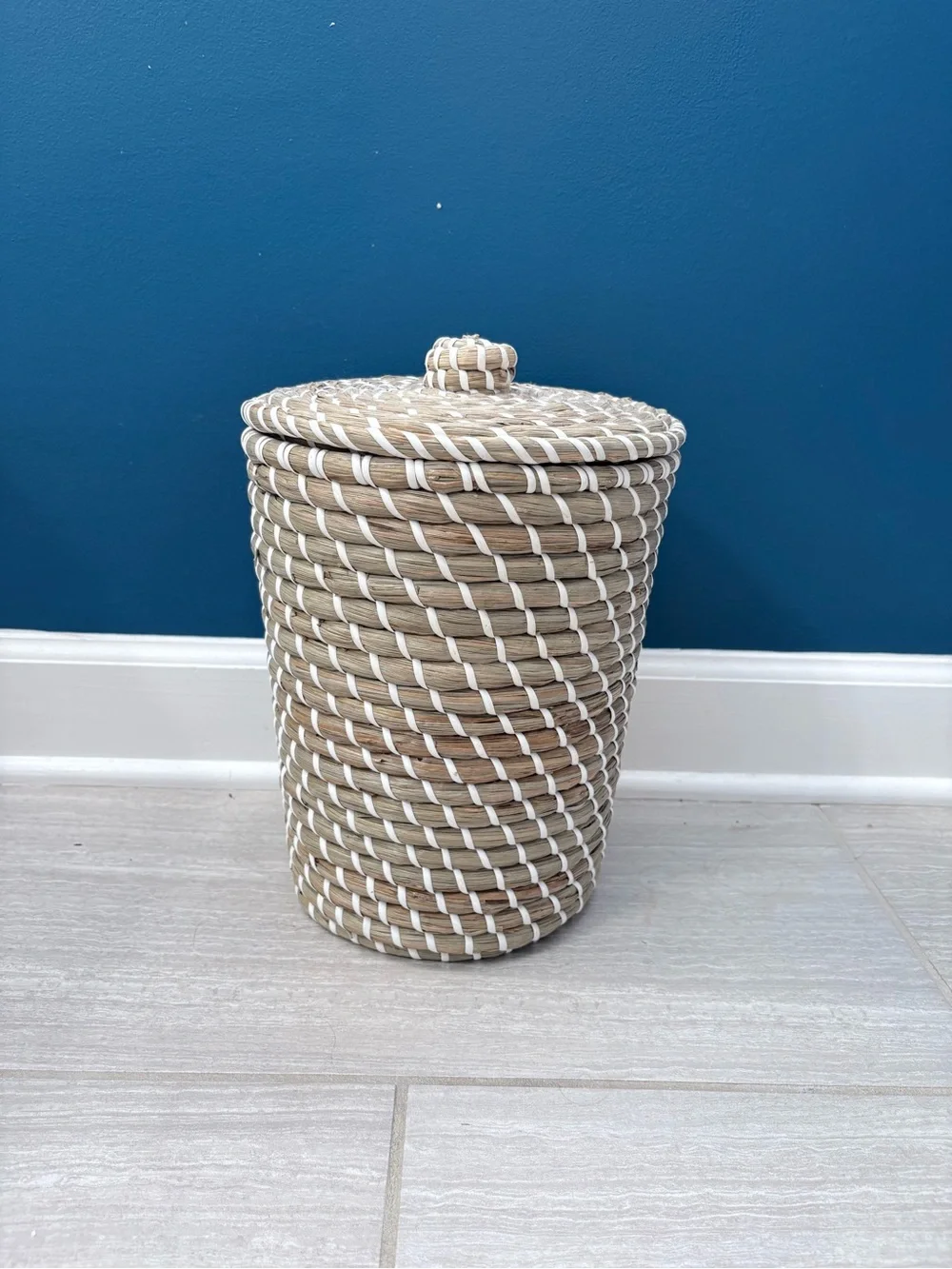 Woven Natural and White Lidded Storage Basket